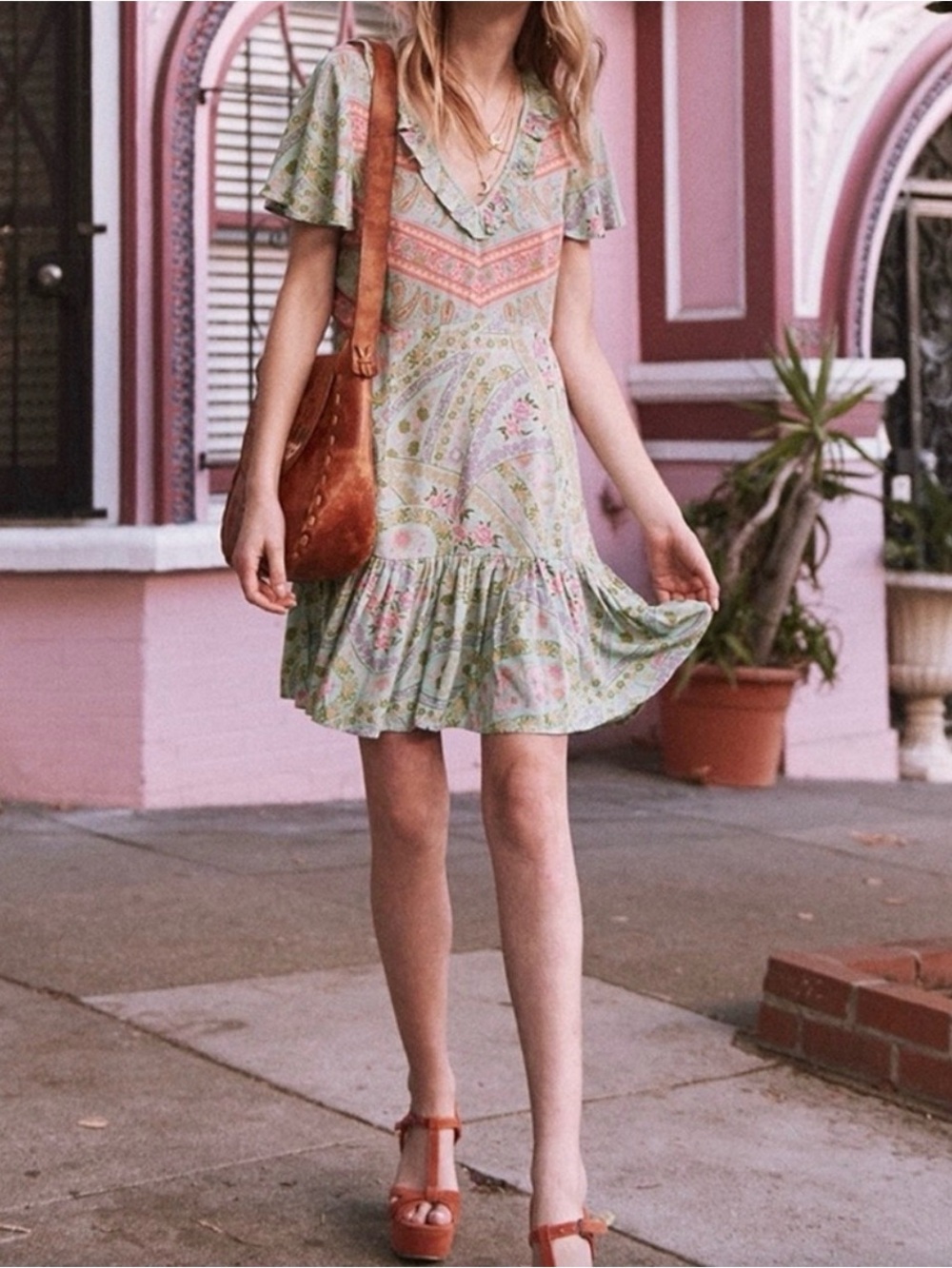 Spell & The Gypsy Collective City Lights Floral Mini Dress in Sage and Pink